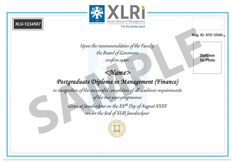 Sample XLRI PGDM (Finance) certificate