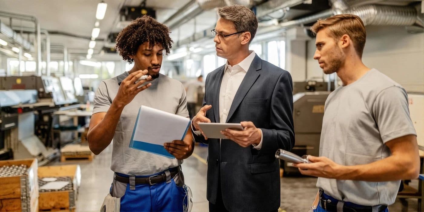 Manufacturing leaders reviewing plant performance together
